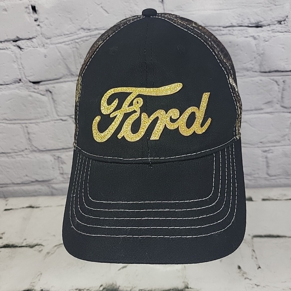 Ford Hat Womens OSFM Camo Adjustable Gold Glitter Brand Advertising Ball Cap